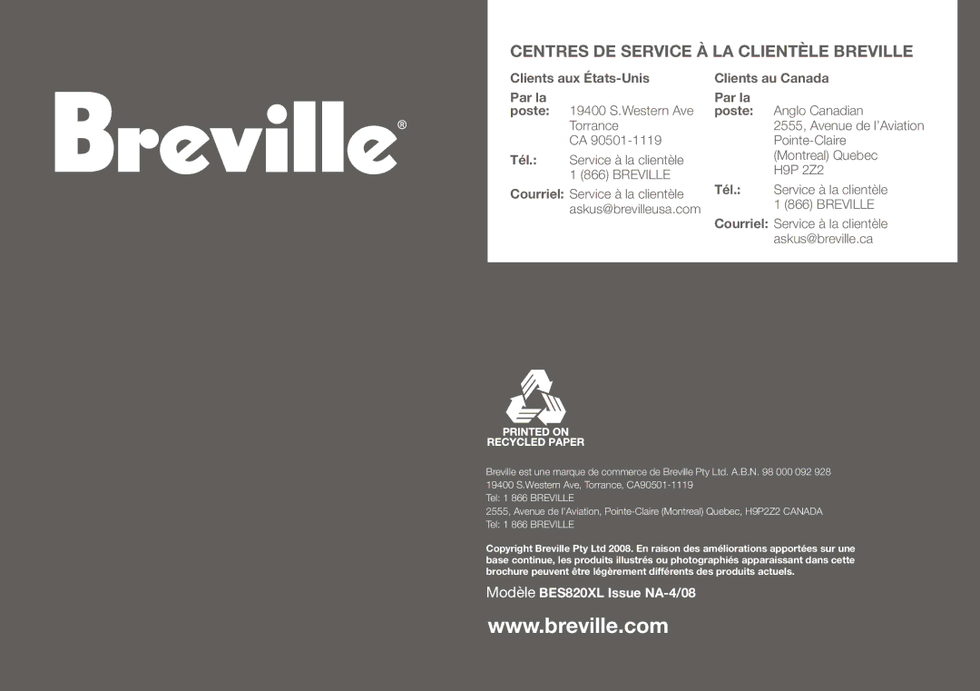 Breville BES820XL manual Centres DE Service À LA Clientèle Breville 