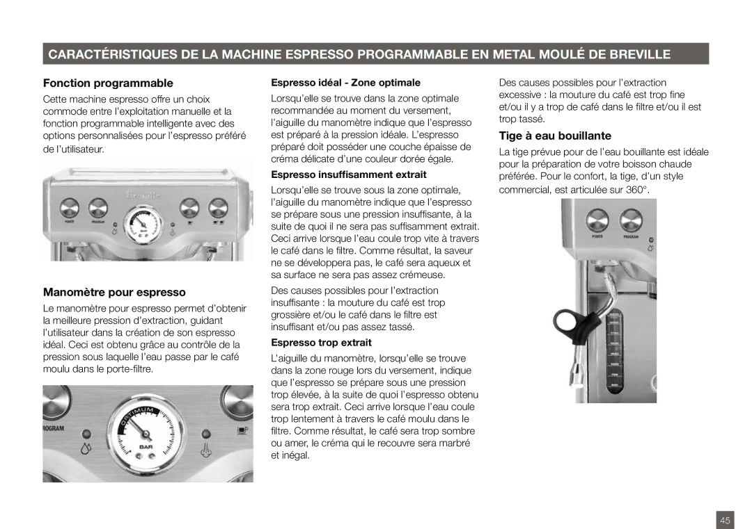 Breville BES820XL manual Fonction programmable, Manomètre pour espresso, Tige à eau bouillante 