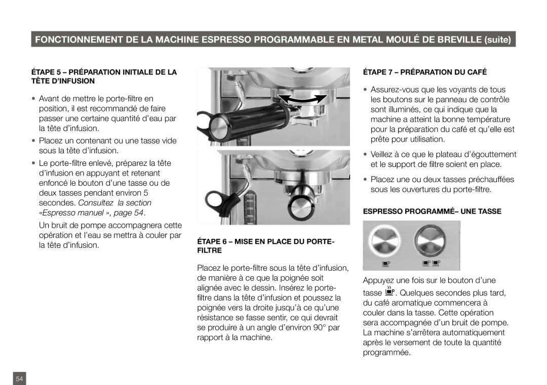 Breville BES820XL manual Étape 5 Préparation Initiale DE LA Tête D’INFUSION, Étape 6 Mise EN Place DU PORTE- Filtre 