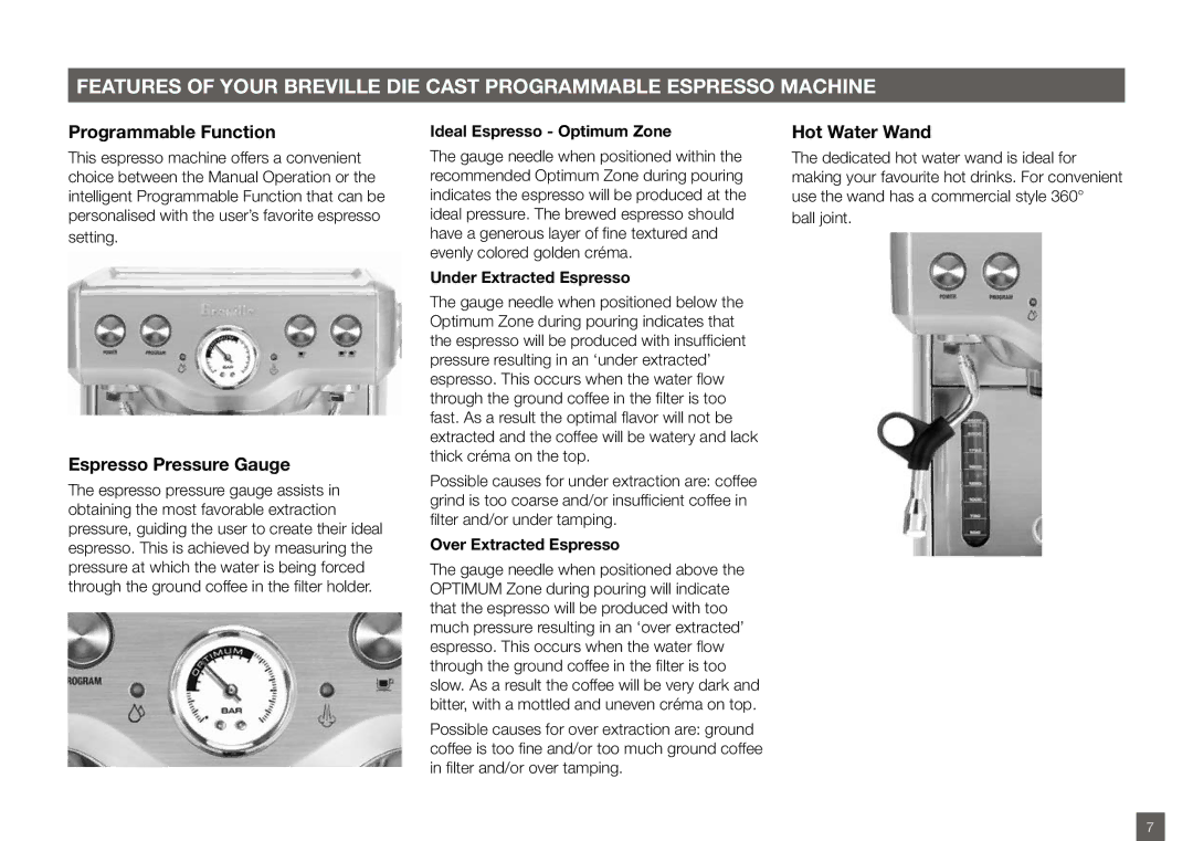 Breville BES820XL manual Programmable Function, Espresso Pressure Gauge, Hot Water Wand 