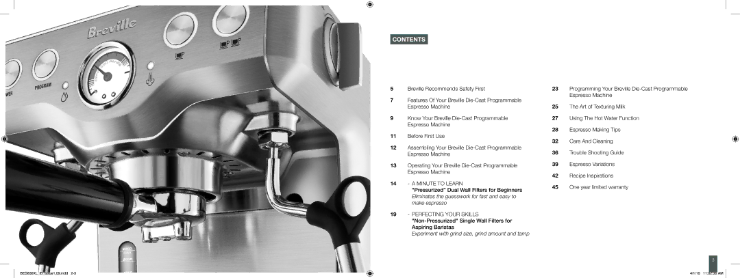 Breville BES830XL manual Contents 