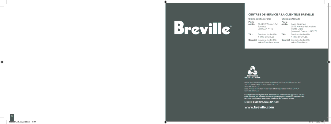 Breville BES830XL manual Centres DE Service À LA Clientèle Breville 