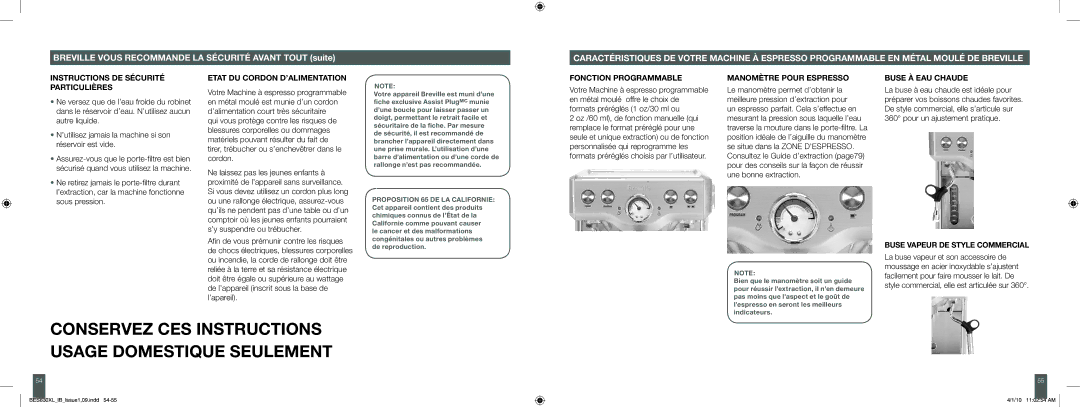 Breville BES830XL manual Instructions DE Sécurité Particulières, Etat DU Cordon D’ALIMENTATION, Fonction Programmable 