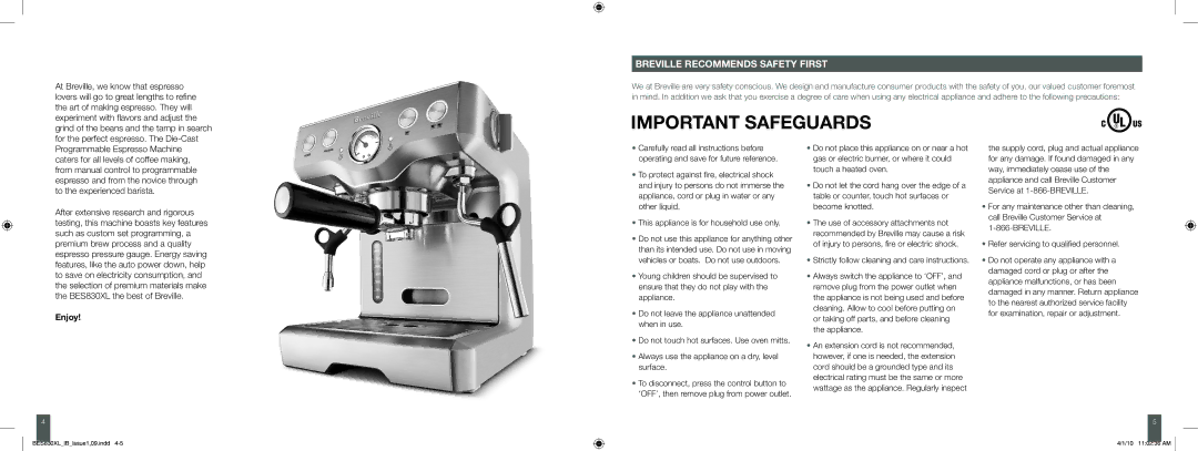 Breville BES830XL manual Breville Recommends Safety First, Enjoy 