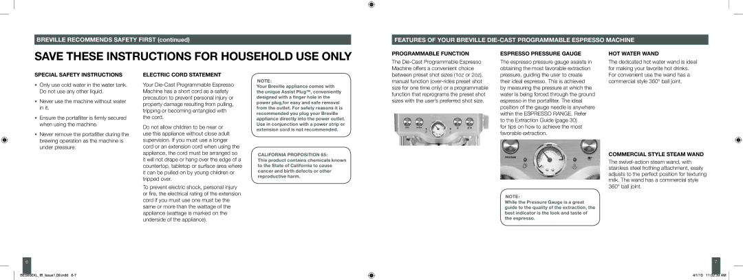Breville BES830XL manual Programmable Function, Espresso Pressure Gauge, HOT Water Wand, Special Safety Instructions 