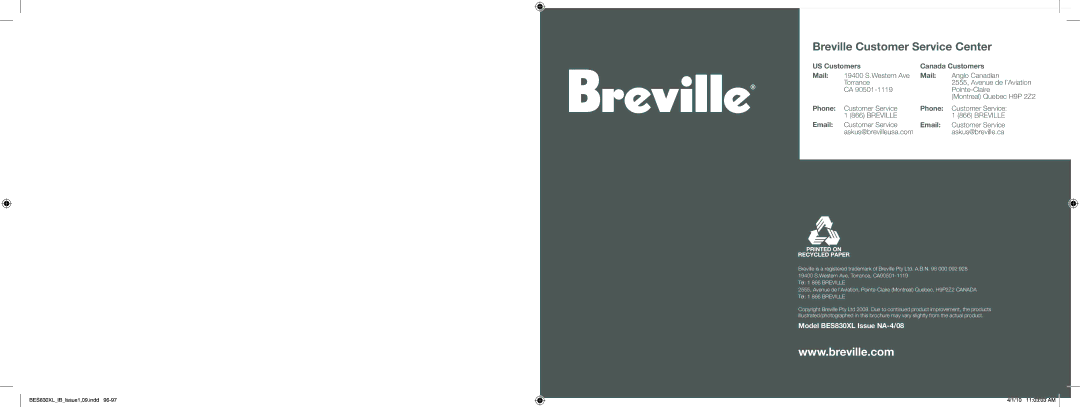 Breville BES830XL manual Breville Customer Servicei Center 