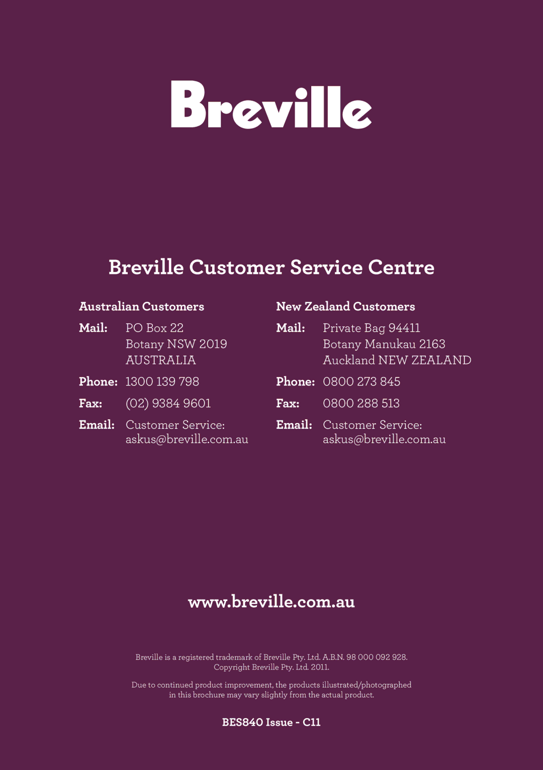 Breville BES840 brochure Breville Customer Service Centre 