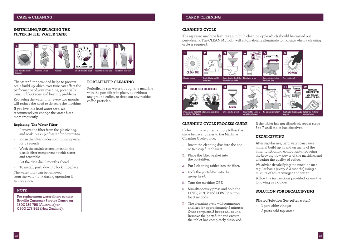 Breville BES840 brochure INSTALLING/REPLACING Filter in the Water Tank, Cleaning Cycle, Portafilter Cleaning, Decalcifying 