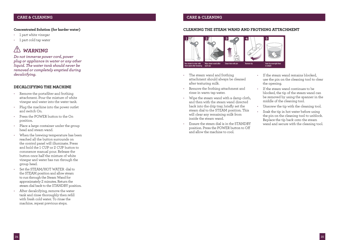 Breville BES840 brochure Cleaning the Steam Wand and Frothing Attachment, Decalcifying the Machine 