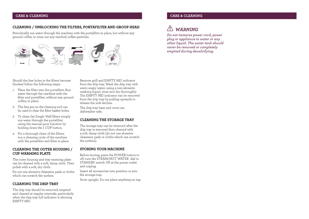 Breville BES840 brochure Cleaning the Storage Tray, Cleaning the Outer Housing / CUP Warming Plate, Cleaning the Drip Tray 