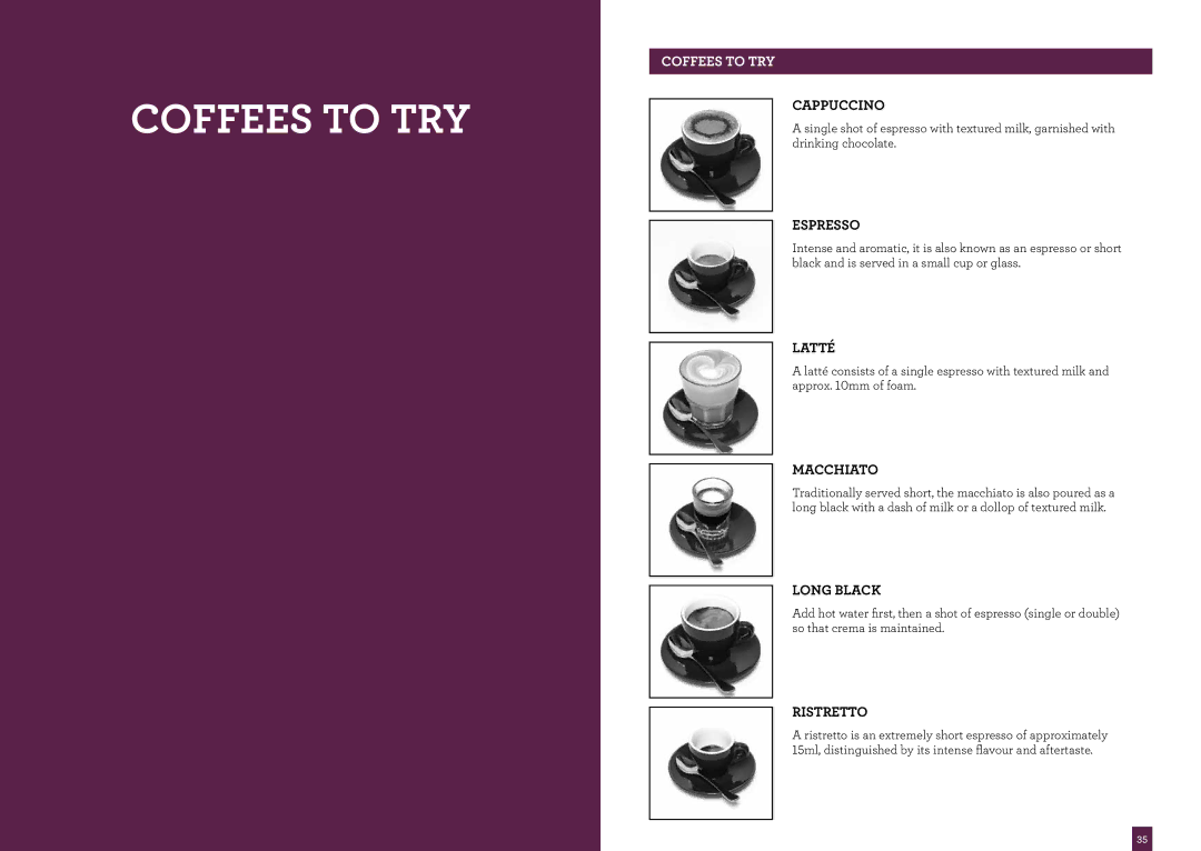 Breville BES840 brochure Coffees to TRY, Cappuccino, Espresso, Ristretto 