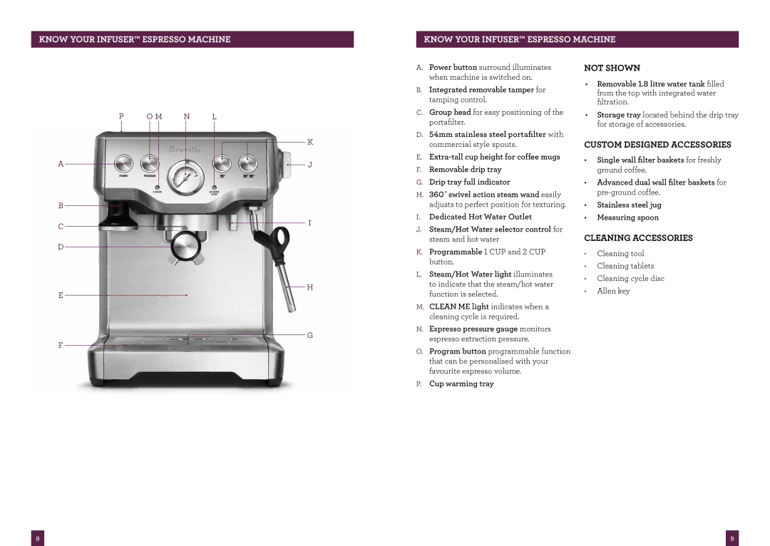 Breville BES840 brochure Not Shown, Custom Designed Accessories, Cleaning Accessories 