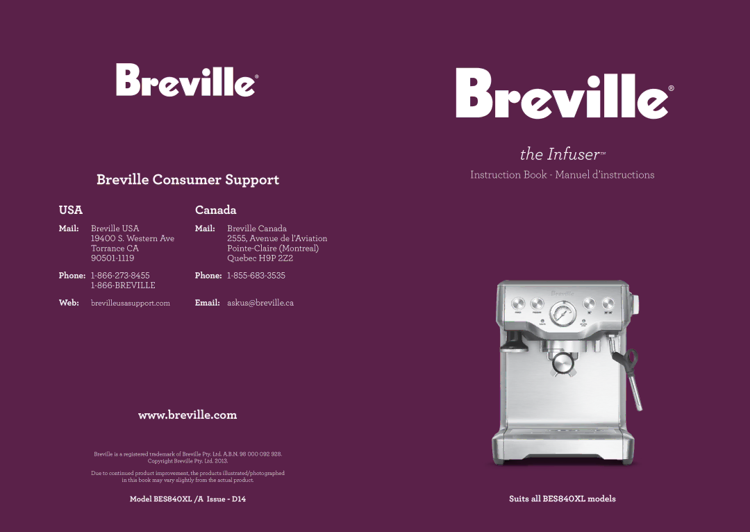 Breville BES840XL manual Infuser 