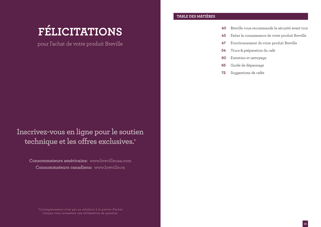 Breville BES840XL manual Félicitations, Table DES Matières 