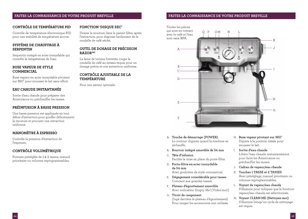 Breville BES840XL manual Faites LA Connaissance DE Votre Produit Breville 