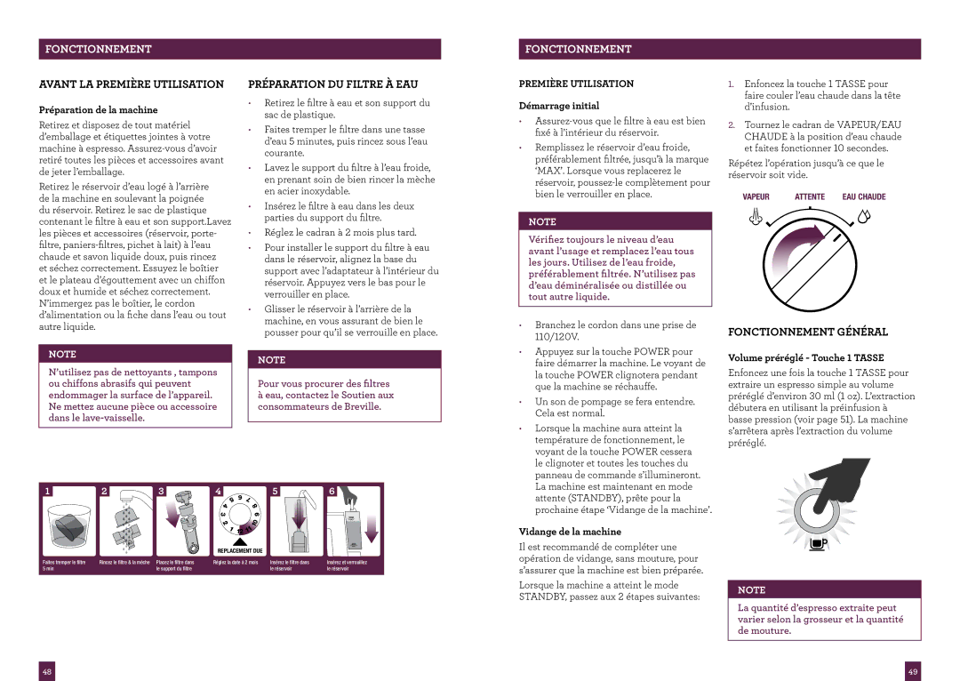 Breville BES840XL manual Avant LA Première Utilisation, Préparation DU Filtre À EAU, Fonctionnement Général 