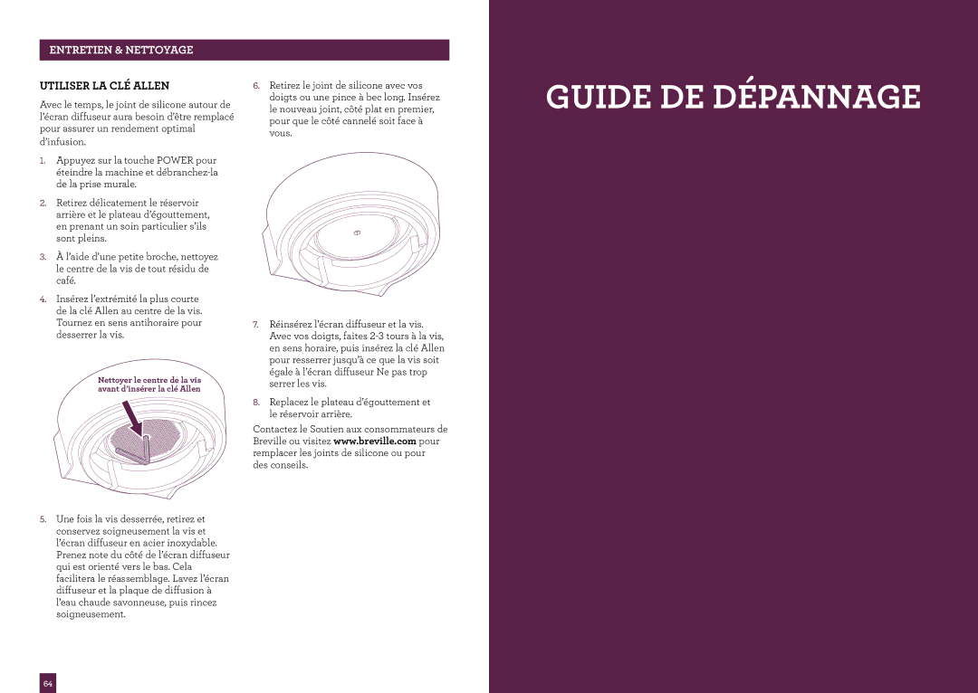 Breville BES840XL manual Guide DE Dépannage, Utiliser LA CLÉ Allen 