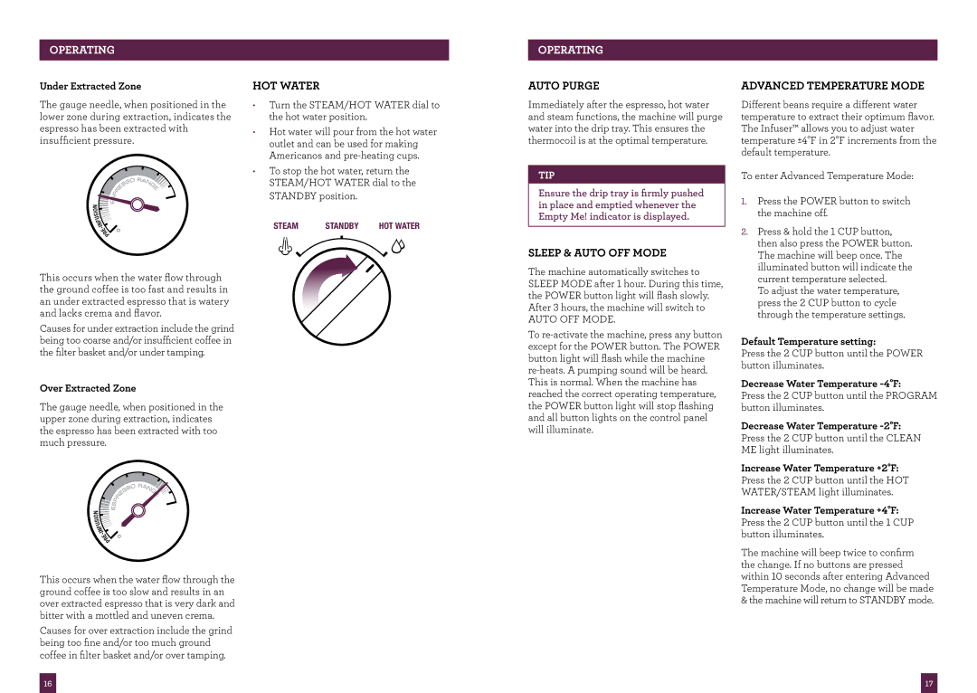 Breville BES840XL manual HOT Water, Auto Purge, Sleep & Auto OFF Mode Advanced Temperature Mode 