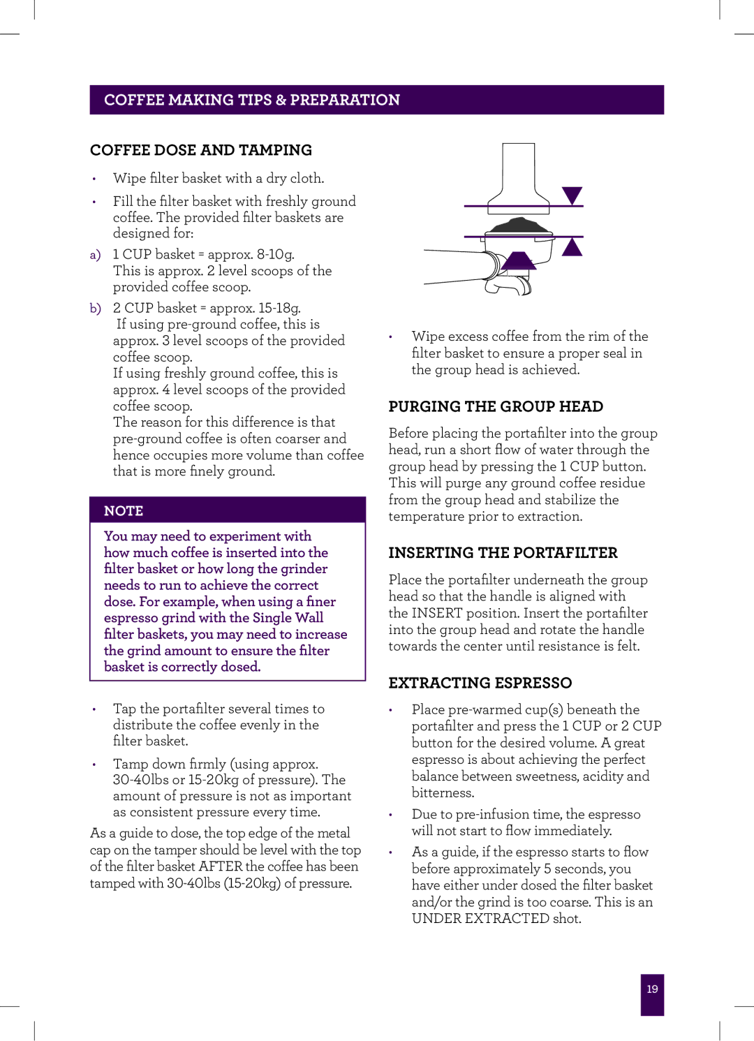 Breville BES840XL manual Coffee Dose and Tamping, Purging the Group Head, Inserting the Portafilter, Extracting Espresso 