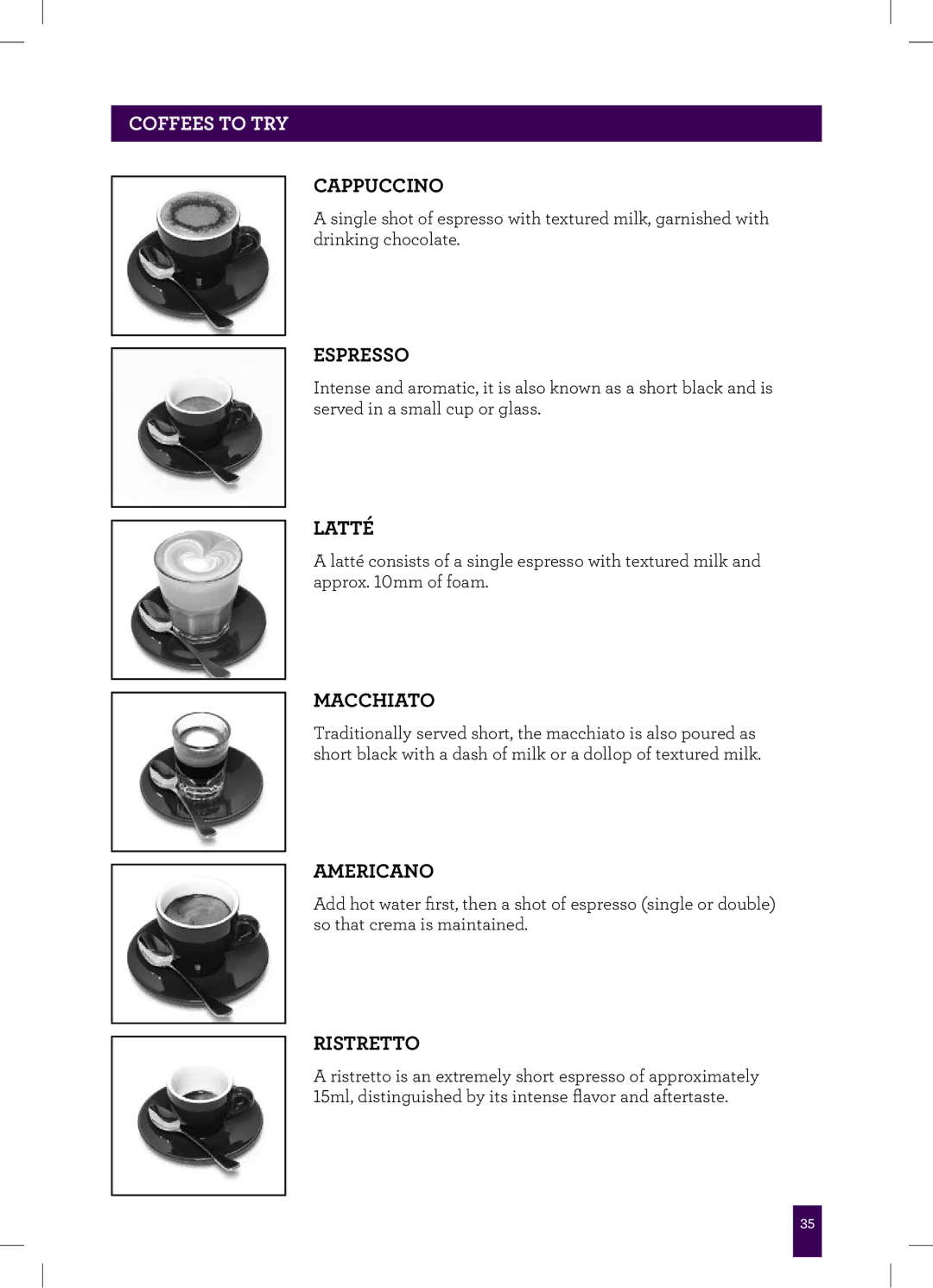 Breville BES840XL manual Coffees to TRY 