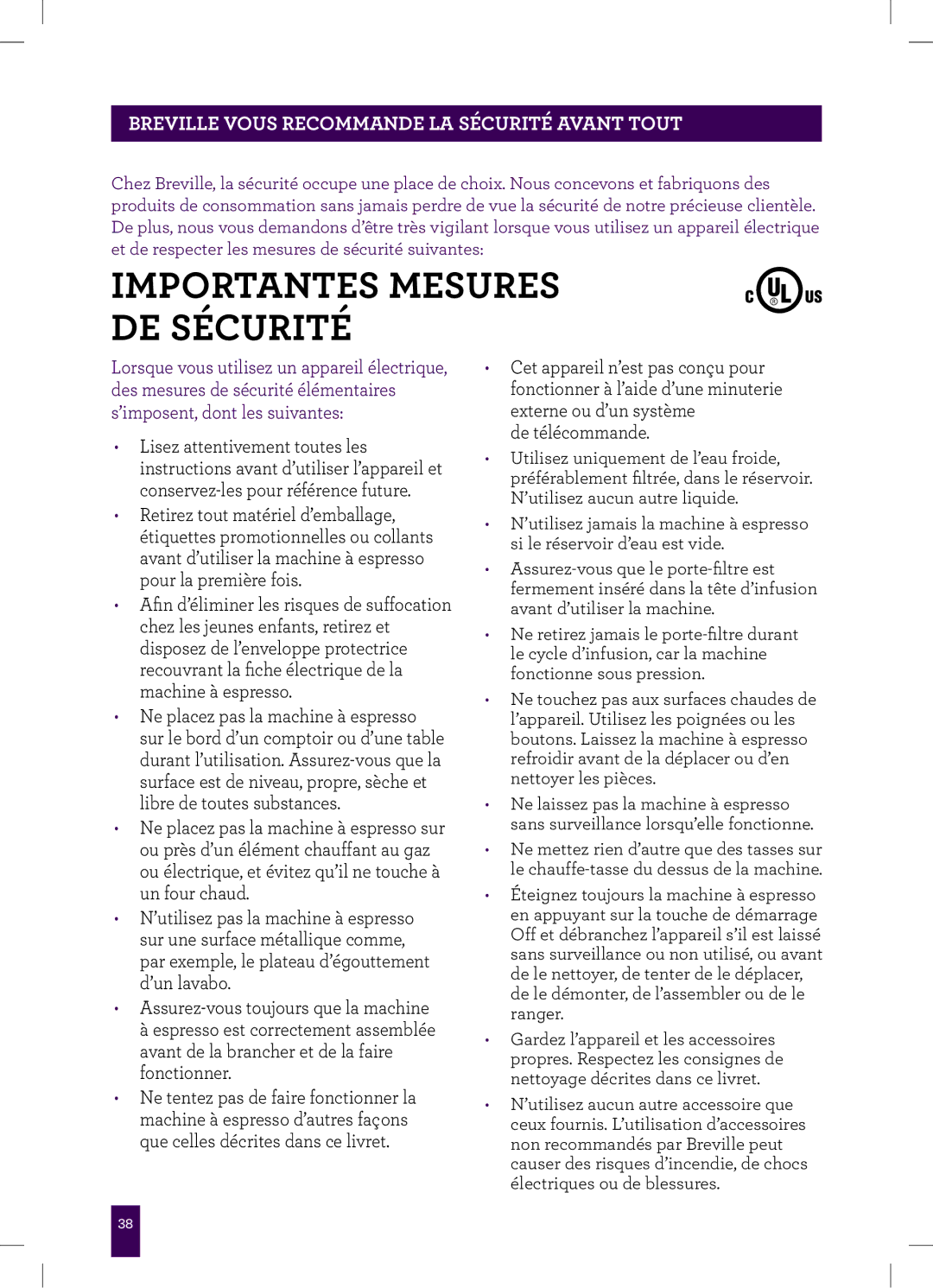 Breville BES840XL manual Importantes Mesures DE Sécurité, Breville Vous Recommande LA Sécurité Avant Tout 