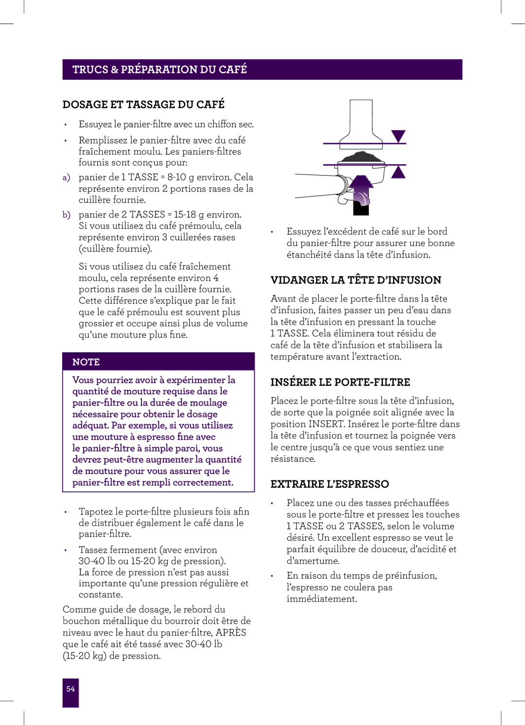 Breville BES840XL Dosage ET Tassage DU Café, Vidanger LA Tête D’INFUSION, Insérer LE PORTE-FILTRE, Extraire L’ESPRESSO 