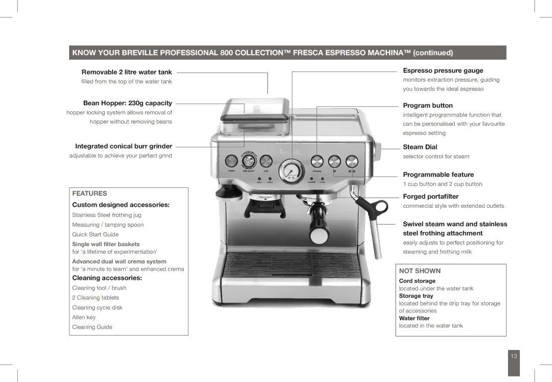 Breville BES860 Removable 2 litre water tank, Bean Hopper 230g capacity, Custom designed accessories, Cleaning accessories 