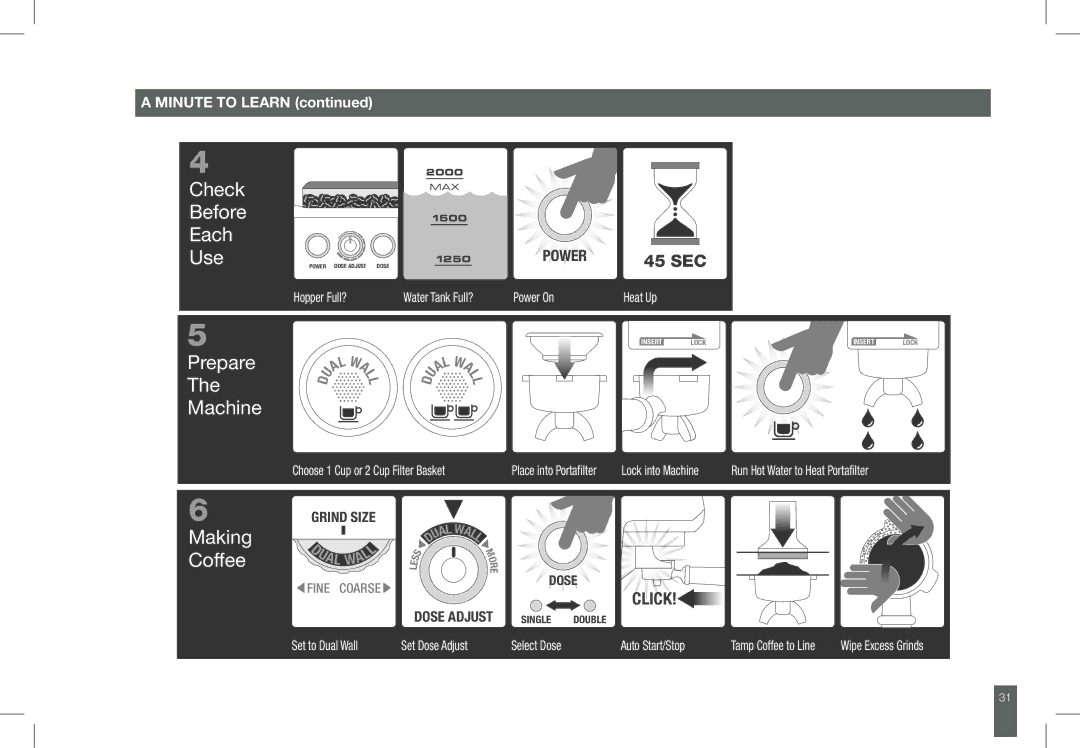 Breville BES860 manual Check Before Each Use Prepare Machine 