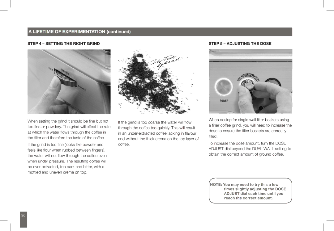 Breville BES860 manual Setting the Right Grind Adjusting the Dose 