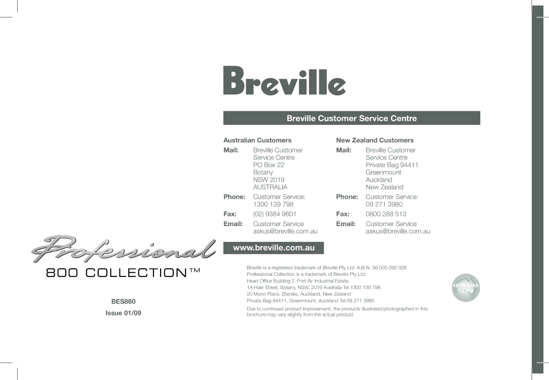 Breville BES860 manual Breville Customer Service Centre 