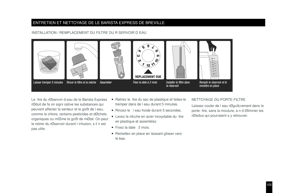 Breville BES860XL manual Entretien ET Nettoyage DE LE Barista Express DE Breville, Nettoyage DU PORTE-FILTRE 