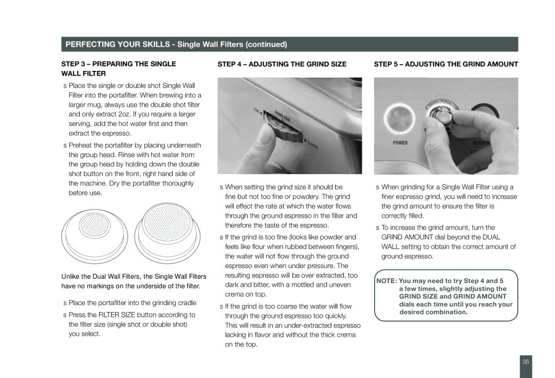 Breville BES860XL manual Perfecting Your Skills Single Wall Filters 