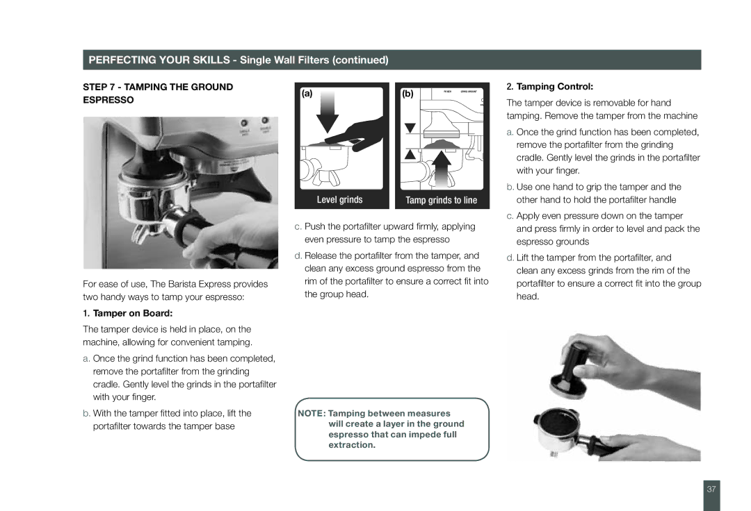 Breville BES860XL manual Tamping the Ground, Espresso, Tamping Control, Tamper on Board 