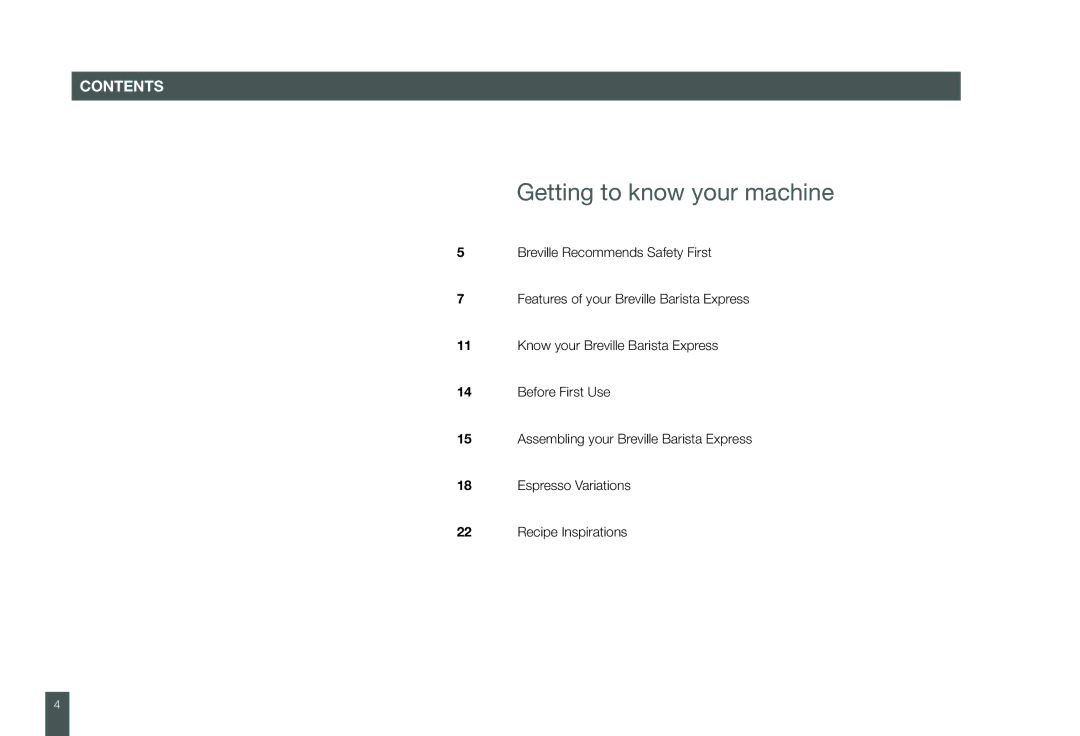 Breville BES860XL manual Getting to know your machine, Contents 