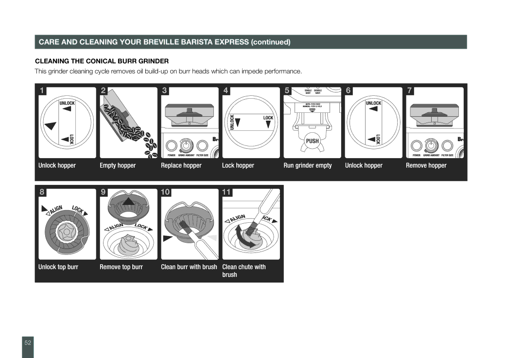 Breville BES860XL manual Cleaning the Conical Burr Grinder 