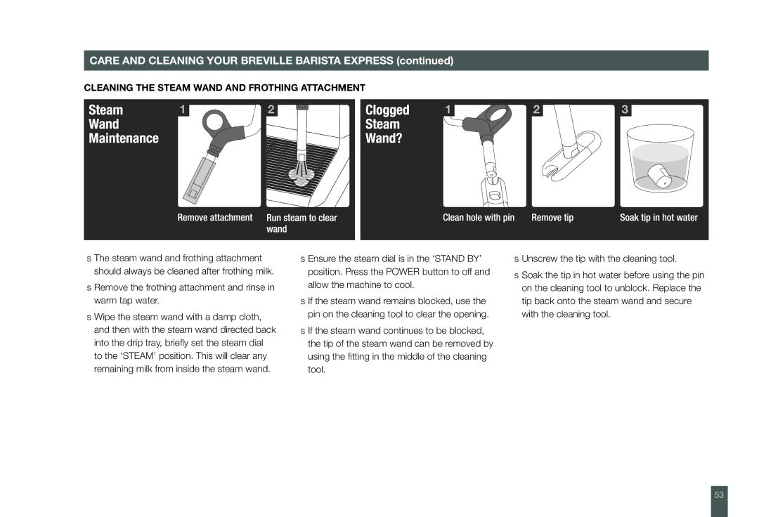 Breville BES860XL manual Cleaning the Steam Wand and Frothing Attachment 