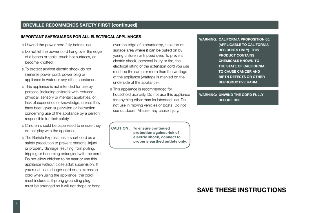 Breville BES860XL manual Breville Recommends Safety First, Important Safeguards for ALL Electrical Appliances 