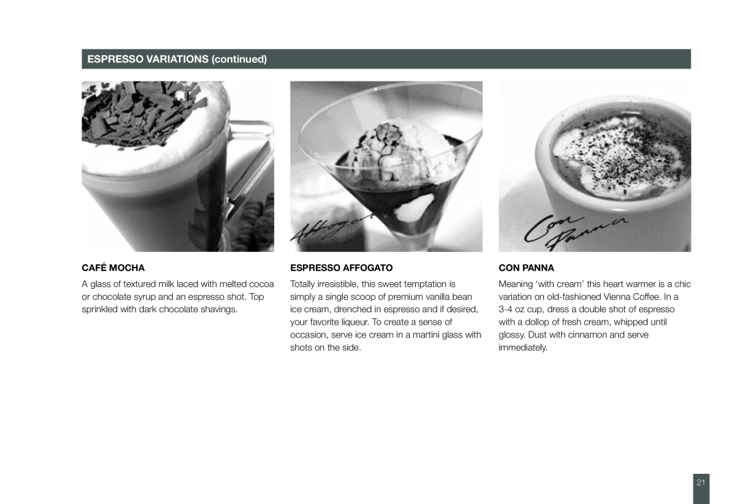 Breville BES860XL manual ESPRESSO VARIATIONS continued, Café Mocha, Espresso Affogato, Con Panna 