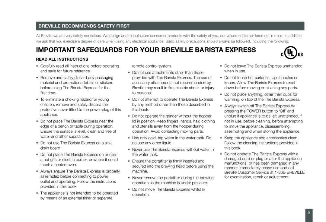 Breville BES860XL manual Important Safeguards For Your Breville Barista Express, Breville Recommends Safety First 