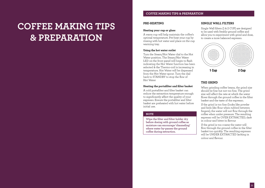 Breville BES870 brochure Coffee Making Tips Preparation, Pre-Heating, Single Wall Filters, Grind 