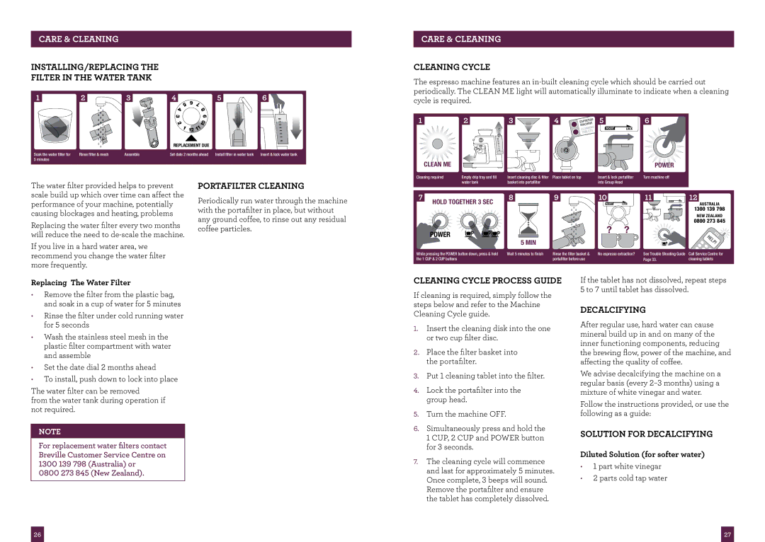 Breville BES870 brochure INSTALLING/REPLACING Filter in the Water Tank, Cleaning Cycle, Portafilter Cleaning, Decalcifying 