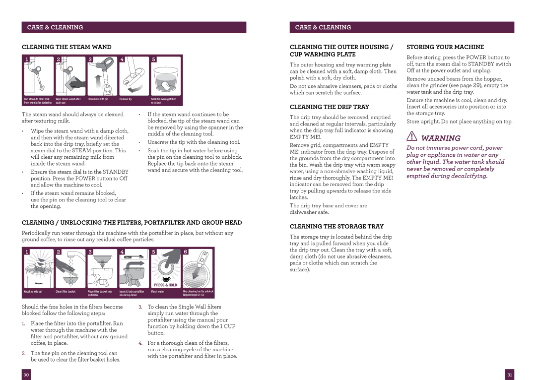 Breville BES870 brochure Cleaning the Steam Wand, Cleaning the Outer Housing / CUP Warming Plate, Cleaning the Storage Tray 