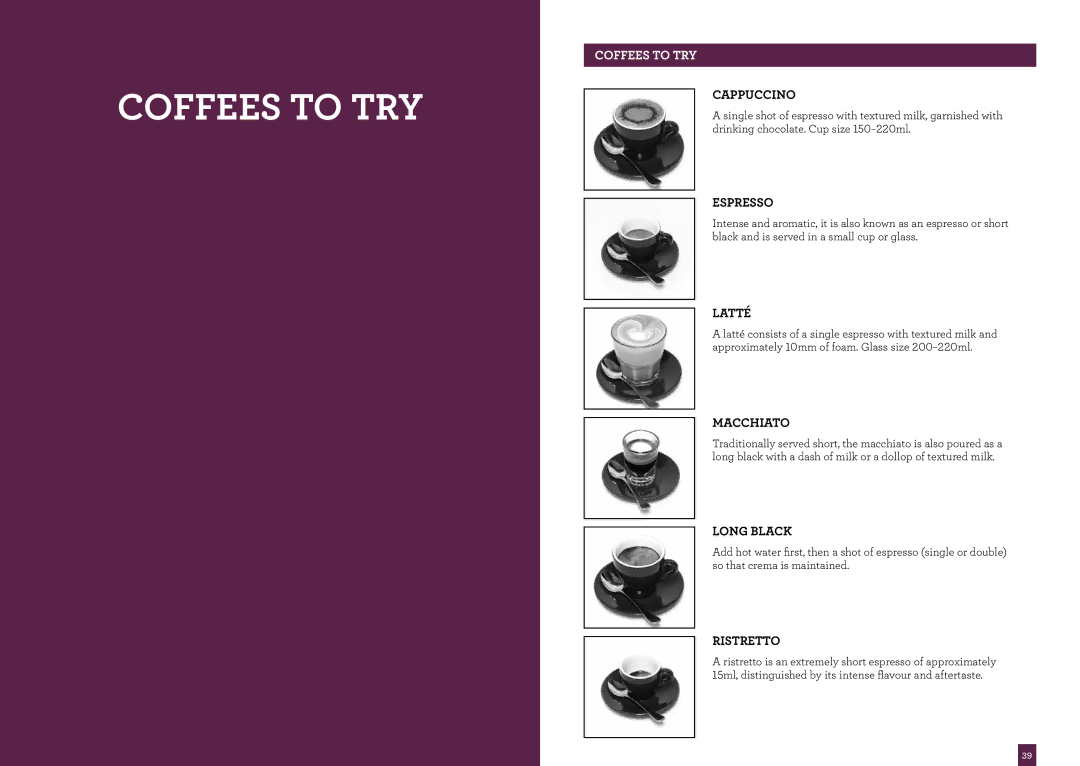 Breville BES870 brochure Coffees to TRY, Cappuccino, Espresso, Ristretto 