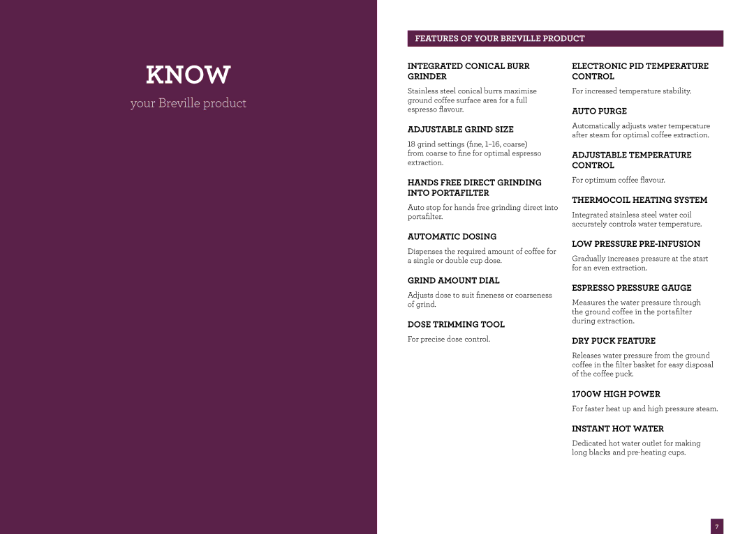 Breville BES870 brochure Know, Adjustable Temperature Control, Automatic Dosing, Dose Trimming Tool 