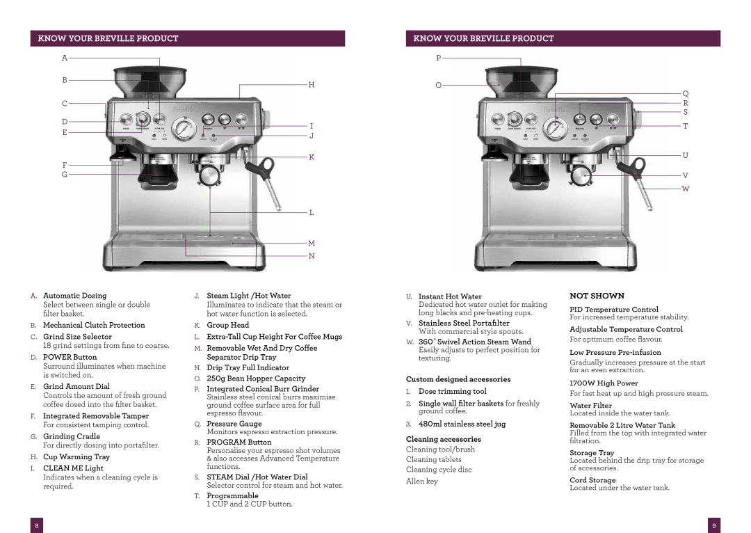 Breville BES870 Automatic Dosing, Mechanical Clutch Protection Grind Size Selector, Power Button, Grind Amount Dial 