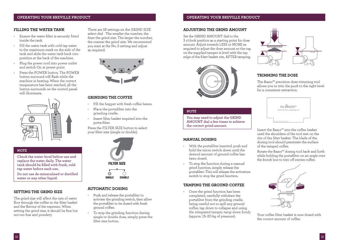 Breville BES870 brochure Manual Dosing, Trimming the Dose 