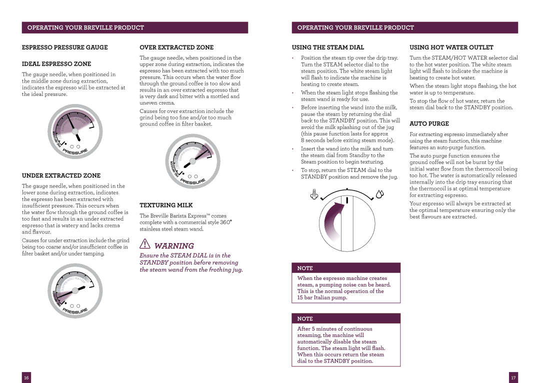 Breville BES870 brochure Using the Steam Dial, Using HOT Water Outlet, Auto Purge 