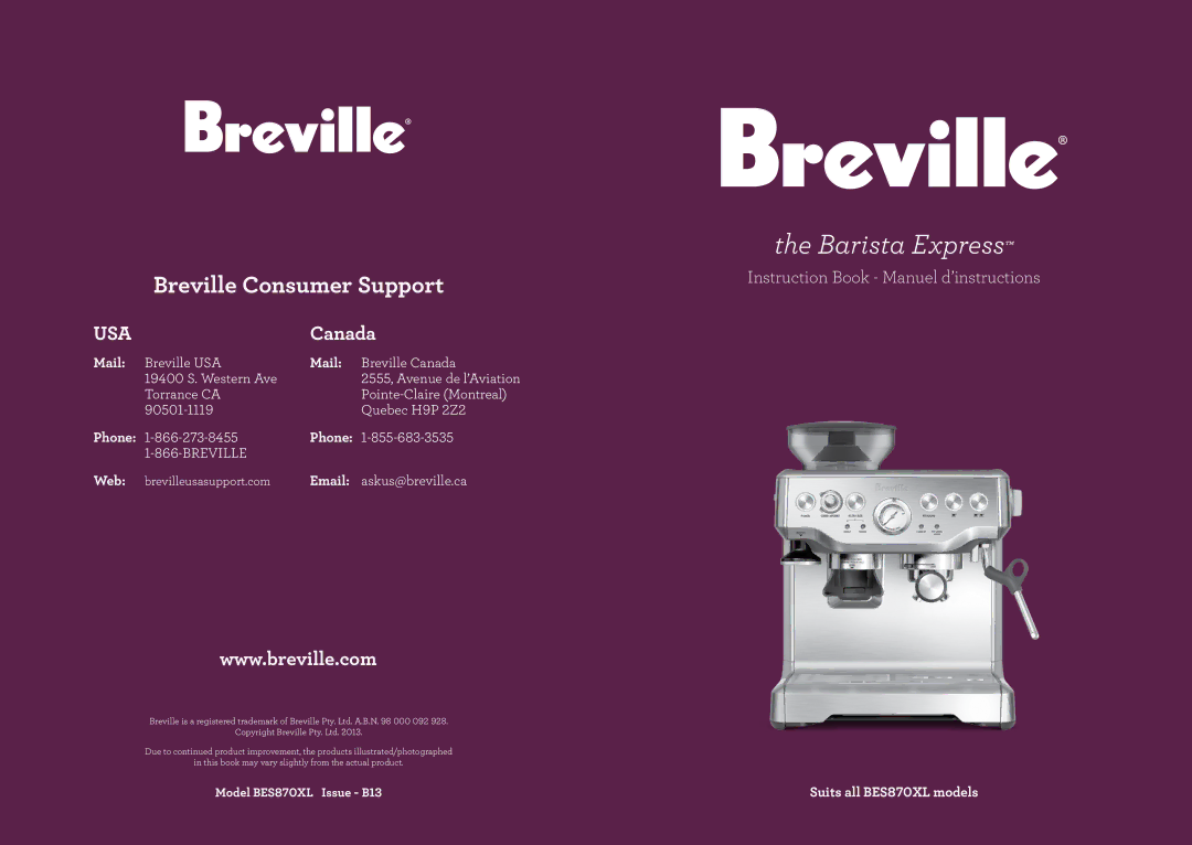 Breville BES870CBXL manual Mail, Phone, Web, Suits all BES870XL models 