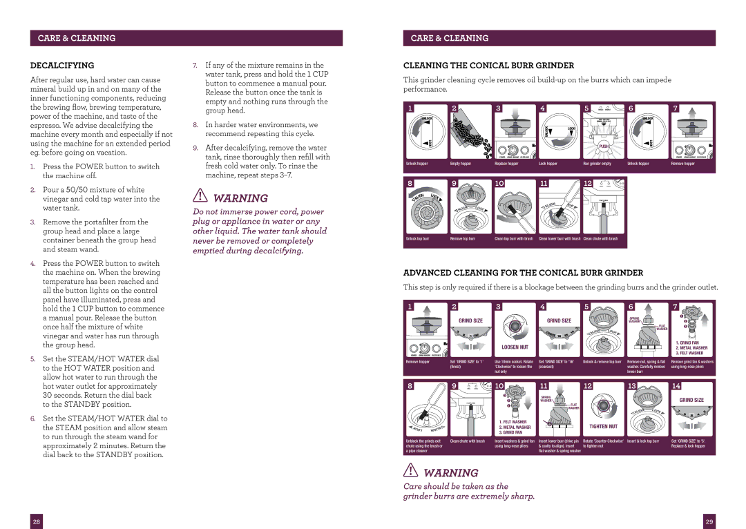 Breville BES870CBXL, BES870XL manual Decalcifying, Care & Cleaning, Cleaning the Conical Burr Grinder 