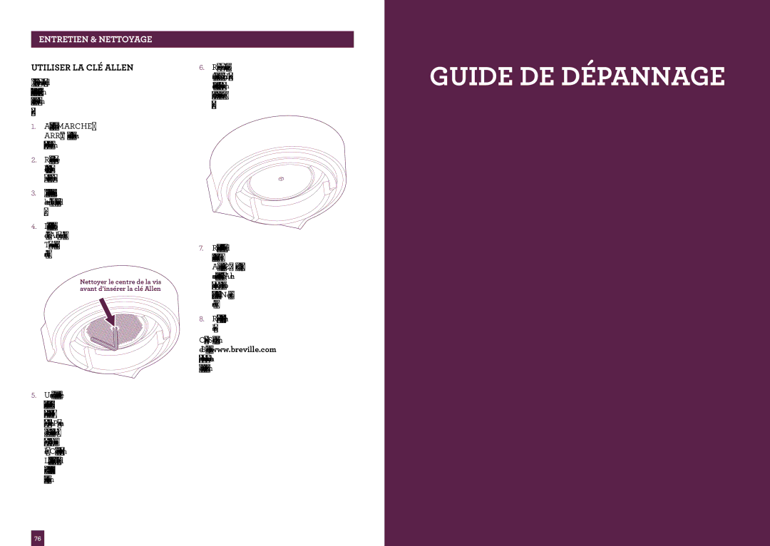 Breville BES870CBXL, BES870XL manual Guide DE Dépannage, Utiliser LA CLÉ Allen 